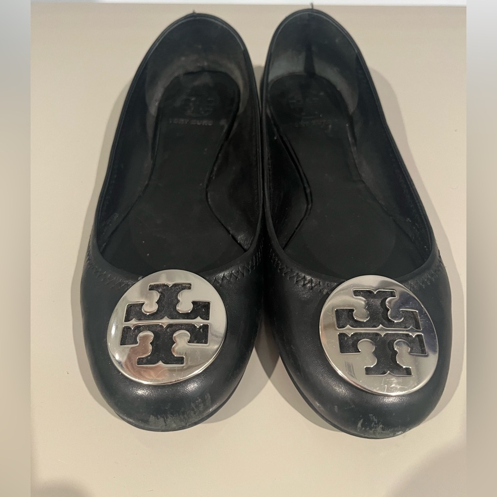 Tory Burch Black Flats with Silver Logo